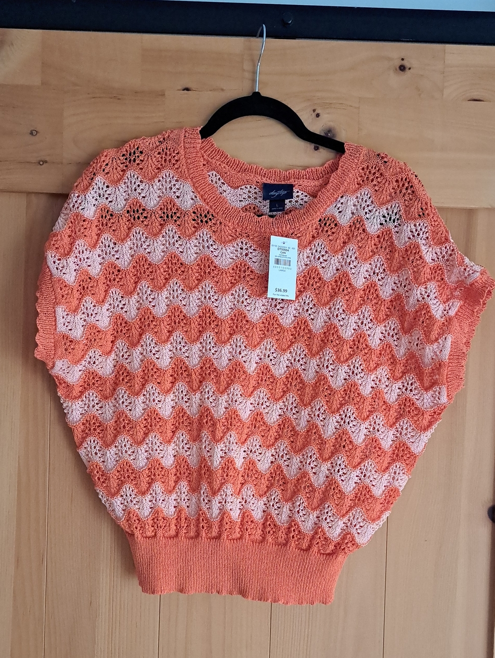 Daytrip, Open Stitch Women's Sweater - Orange/Cream Crochet Size L